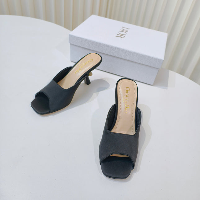 DIOR EMBELLISHED HIGH HEEL SLIDES 25S IN BLACK SATIN
