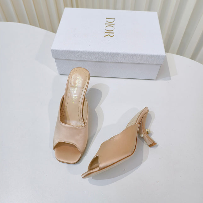 DIOR EMBELLISHED HIGH HEEL SLIDES 25S IN LIGHT BEIGE SATIN