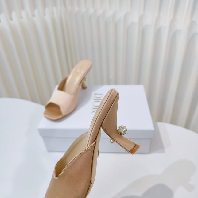 DIOR EMBELLISHED HIGH HEEL SLIDES 25S IN LIGHT BEIGE SATIN