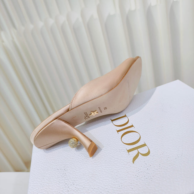 DIOR EMBELLISHED HIGH HEEL SLIDES 25S IN LIGHT BEIGE SATIN