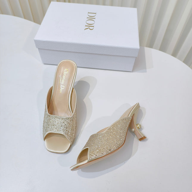DIOR EMBELLISHED HIGH HEEL SLIDES 25S IN LIGHT BEIGE SATIN AND CALFSKIN