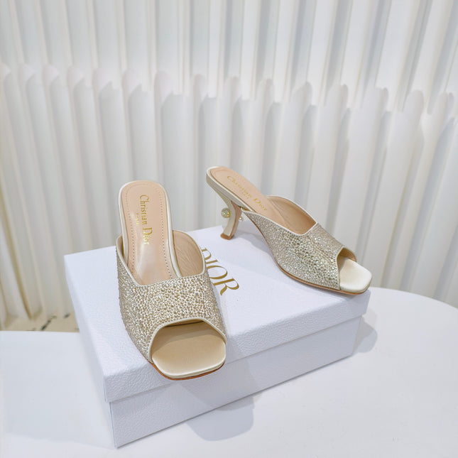 DIOR EMBELLISHED HIGH HEEL SLIDES 25S IN LIGHT BEIGE SATIN AND CALFSKIN