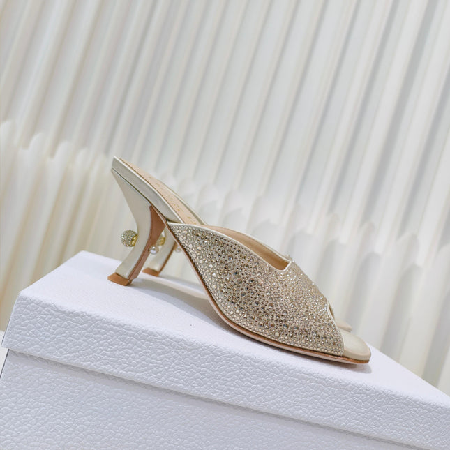 DIOR EMBELLISHED HIGH HEEL SLIDES 25S IN LIGHT BEIGE SATIN AND CALFSKIN