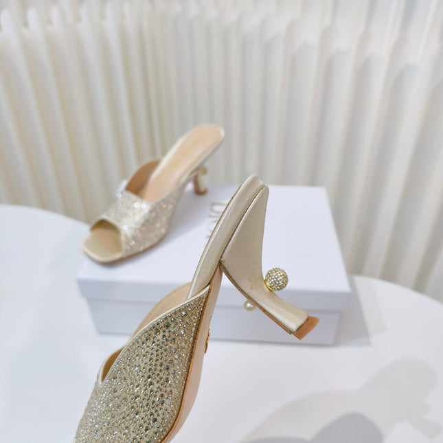 DIOR EMBELLISHED HIGH HEEL SLIDES 25S IN LIGHT BEIGE SATIN AND CALFSKIN