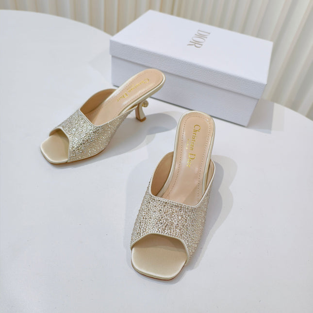 DIOR EMBELLISHED HIGH HEEL SLIDES 25S IN LIGHT BEIGE SATIN AND CALFSKIN