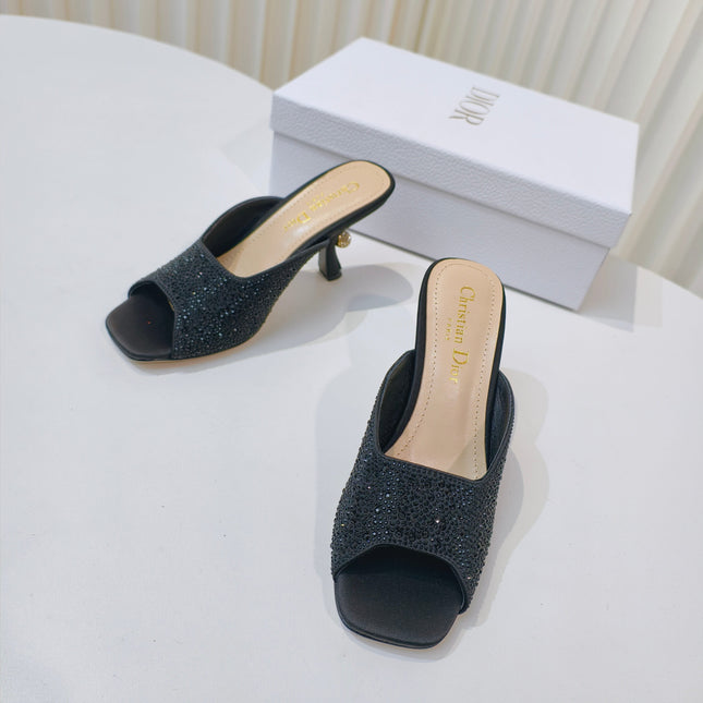 DIOR EMBELLISHED HIGH HEEL SLIDES 25S IN BLACK SATIN AND CALFSKIN