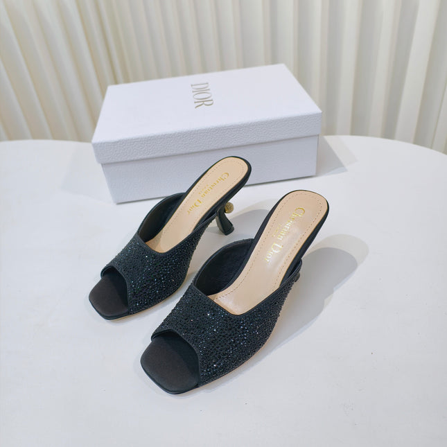 DIOR EMBELLISHED HIGH HEEL SLIDES 25S IN BLACK SATIN AND CALFSKIN