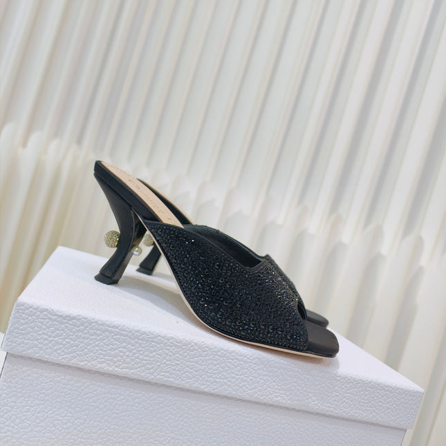 DIOR EMBELLISHED HIGH HEEL SLIDES 25S IN BLACK SATIN AND CALFSKIN
