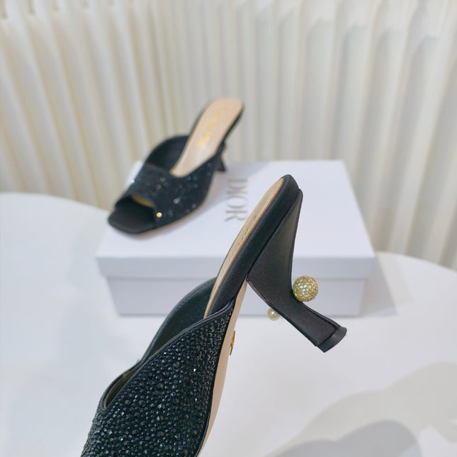 DIOR EMBELLISHED HIGH HEEL SLIDES 25S IN BLACK SATIN AND CALFSKIN