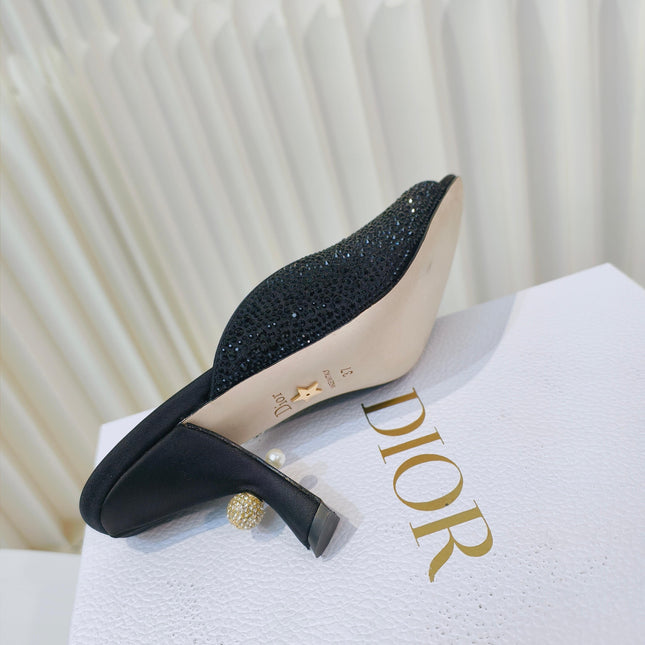 DIOR EMBELLISHED HIGH HEEL SLIDES 25S IN BLACK SATIN AND CALFSKIN