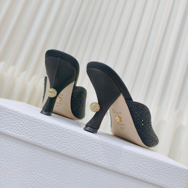 DIOR EMBELLISHED HIGH HEEL SLIDES 25S IN BLACK SATIN AND CALFSKIN