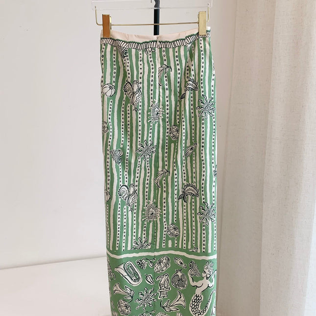 ALEMAIS FLOWY LONG SKIRT IN GREEN MIX WHITE 267465