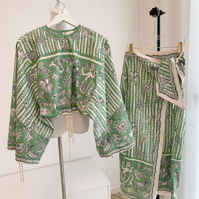 ALEMAIS FLOWY LONG SKIRT IN GREEN MIX WHITE 267465