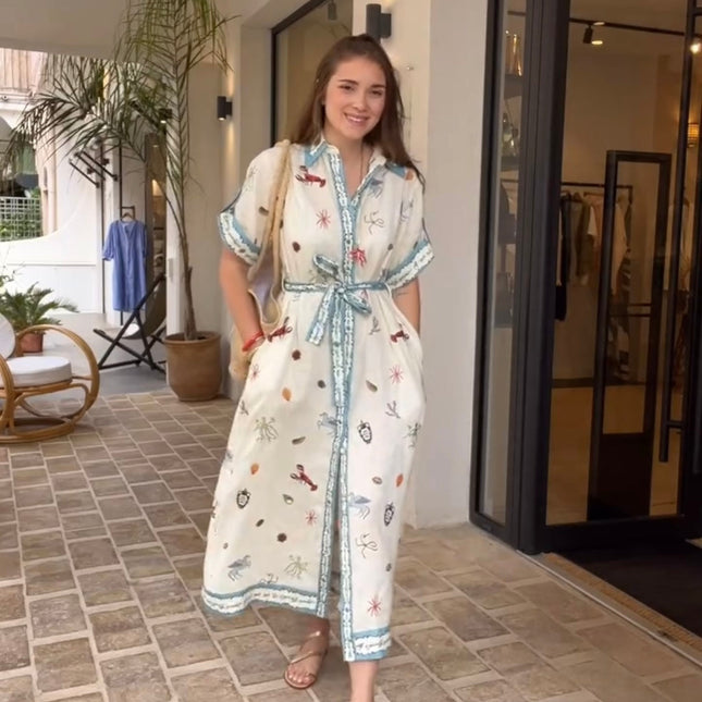 ALEMAIS LONG SHIRT DRESS WITH BELT AND OCEAN-INSPIRED PRINT 267458