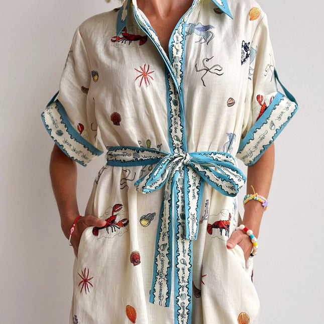 ALEMAIS LONG SHIRT DRESS WITH BELT AND OCEAN-INSPIRED PRINT 267458