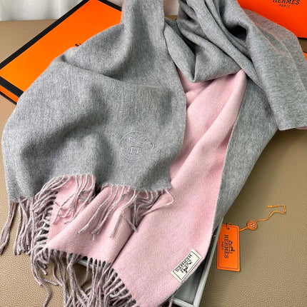 DOUBLE-FACE SCARF 200 CM IN LIGHT PINK AND GREY CASHMERE