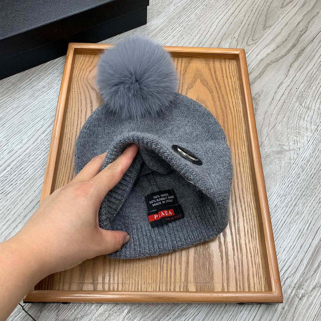 BEANIE HAT IN SHARK GRAY WOOL AND RABBIT FUR 346719