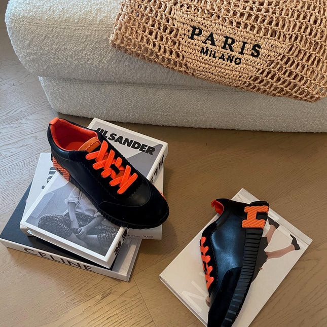 BOUNCING SNEAKERS BLACK CALFSKIN WITH ORANGE LACES