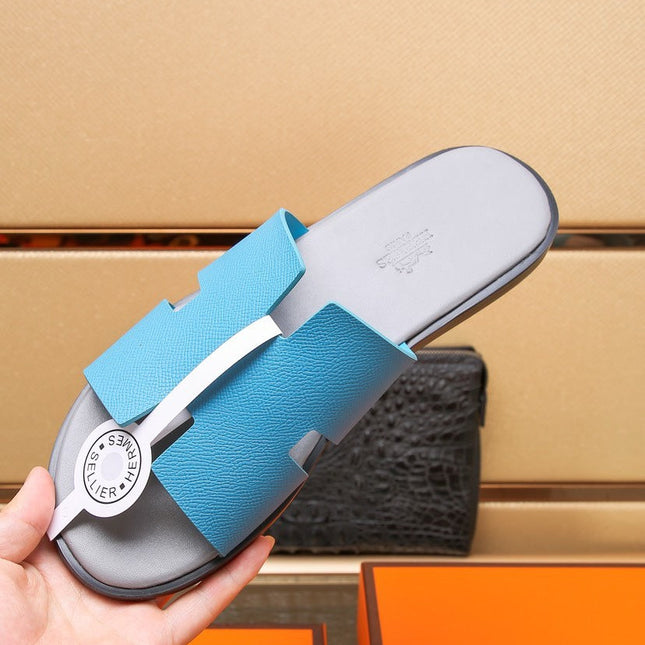HM IZMIR SANDAL GRAY AND CERULEAN CALFSKIN