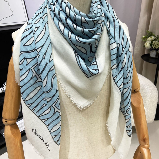 MISS DIOR ALLOVER SHAWL 140 CM IN POWDER BLUE MIX WHITE SILK CASHMERE 411630
