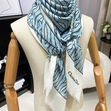 MISS DIOR ALLOVER SHAWL 140 CM IN POWDER BLUE MIX WHITE SILK CASHMERE 411630