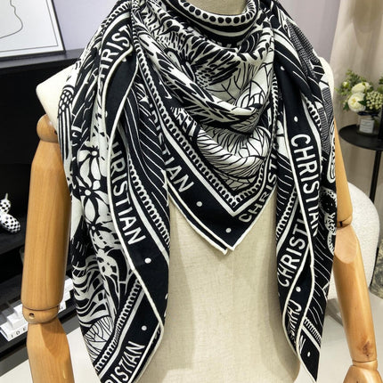 SQUARE SCARF 140 CM IN BLACK MIX WHITE MONOGRAM WOOL AND SILK 415109