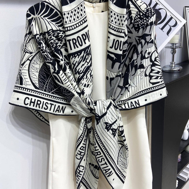 SQUARE SCARF 140 CM IN BLACK MIX WHITE MONOGRAM WOOL AND SILK 415111
