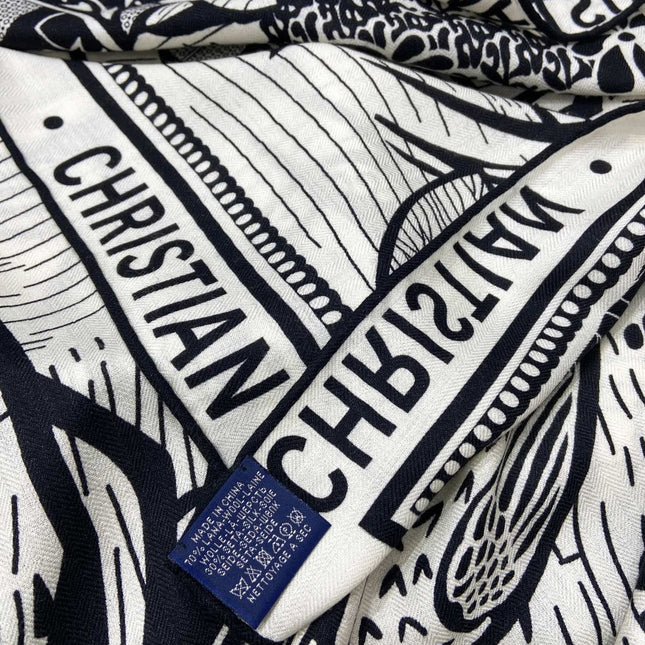 SQUARE SCARF 140 CM IN BLACK MIX WHITE MONOGRAM WOOL AND SILK 415111