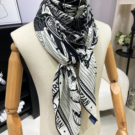 SQUARE SCARF 140 CM IN BLACK MIX WHITE MONOGRAM WOOL AND SILK 415111