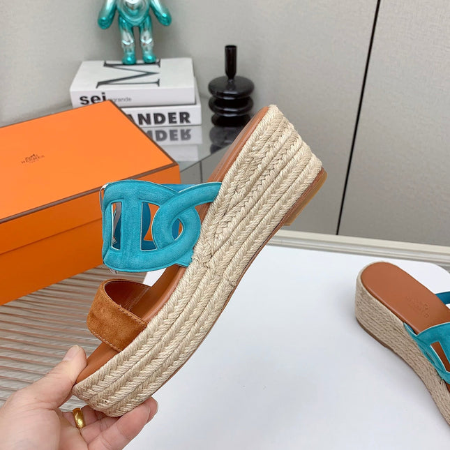 ITHEA 85 MM ESPADRILLE IN BRONZE BROWN AND CERULEAN BLUE SUEDE