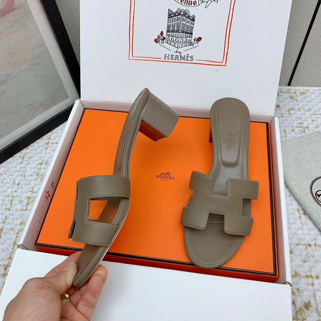 HM OASIS SANDAL HEEL 50MM IN TAUPE BROWN CALFSKIN