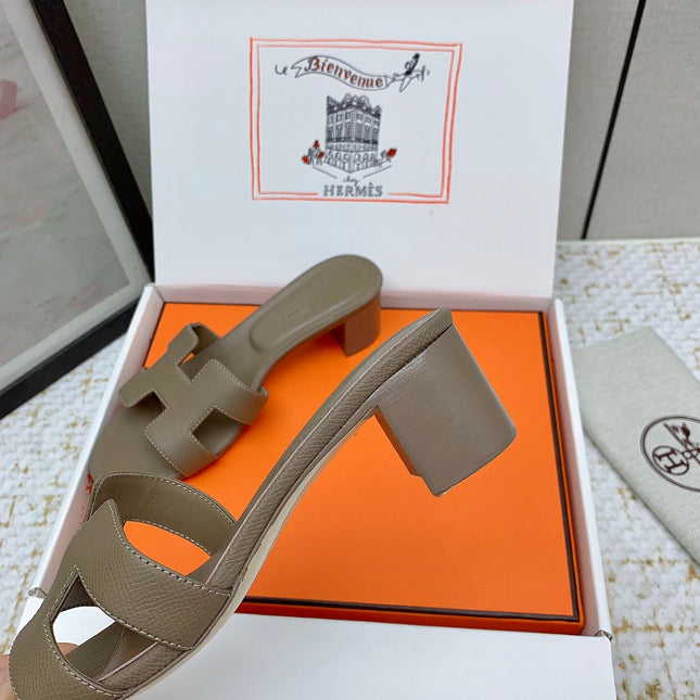 HM OASIS SANDAL HEEL 50MM IN TAUPE BROWN CALFSKIN