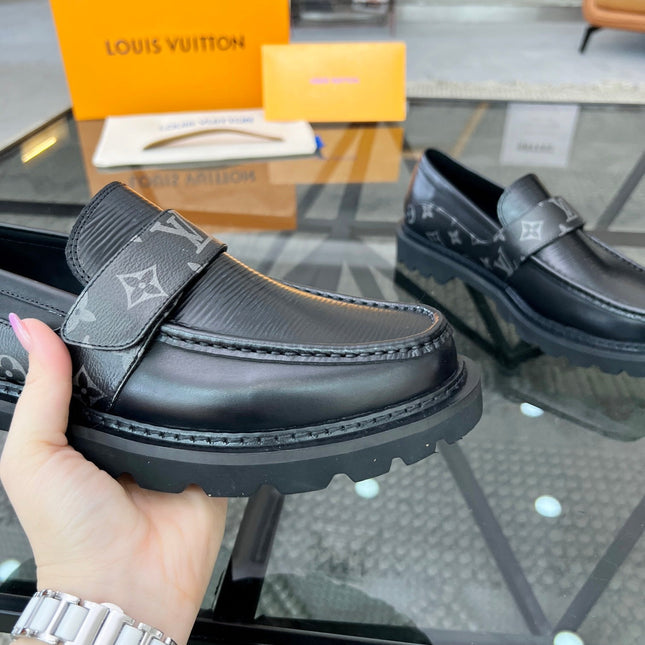 LV LOAFERS BLACK PLAIN CALFSKIN WITH MONOGRAM STRAP