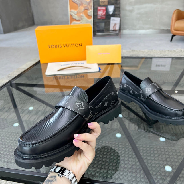 LV LOAFERS BLACK PLAIN CALFSKIN WITH MONOGRAM STRAP