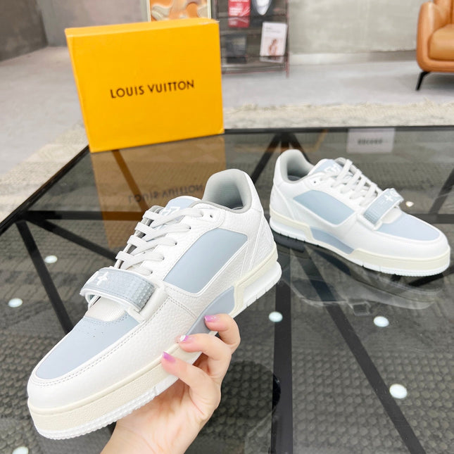 LV TRAINER SNEAKER WHITE CALFSKIN MIX LIGHT BLUE SUEDE