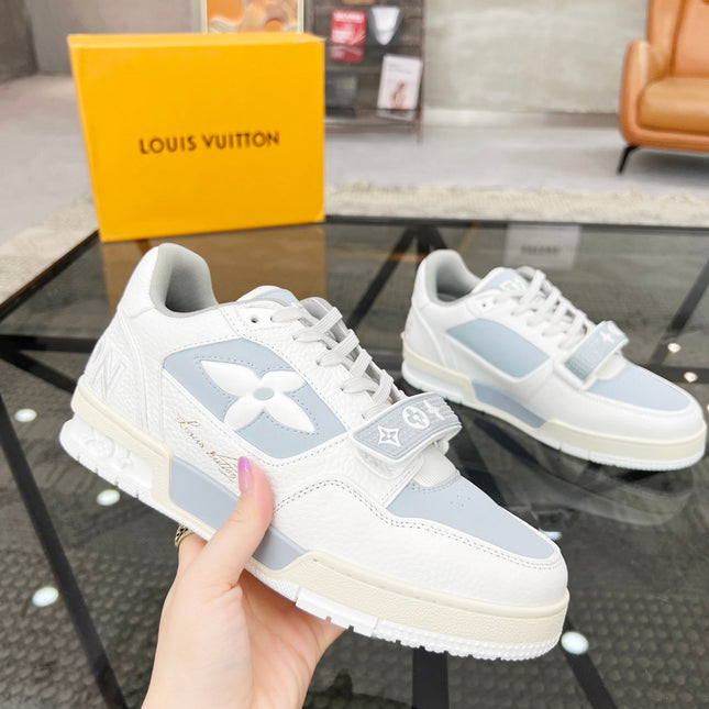 LV TRAINER SNEAKER WHITE CALFSKIN MIX LIGHT BLUE SUEDE