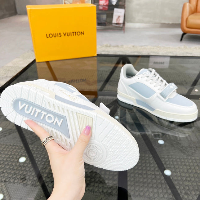 LV TRAINER SNEAKER WHITE CALFSKIN MIX LIGHT BLUE SUEDE