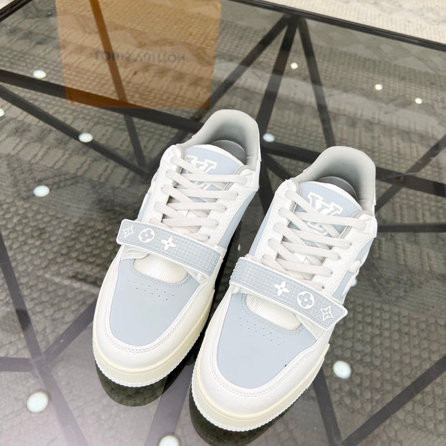 LV TRAINER SNEAKER WHITE CALFSKIN MIX LIGHT BLUE SUEDE