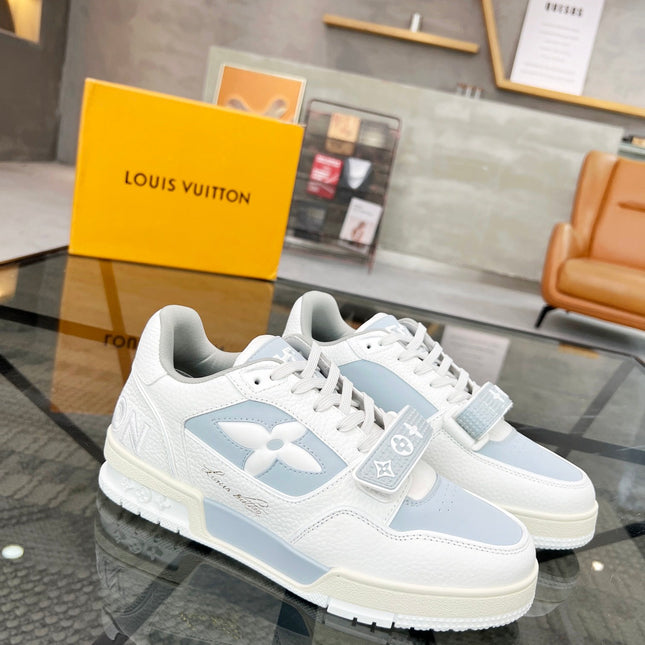 LV TRAINER SNEAKER WHITE CALFSKIN MIX LIGHT BLUE SUEDE