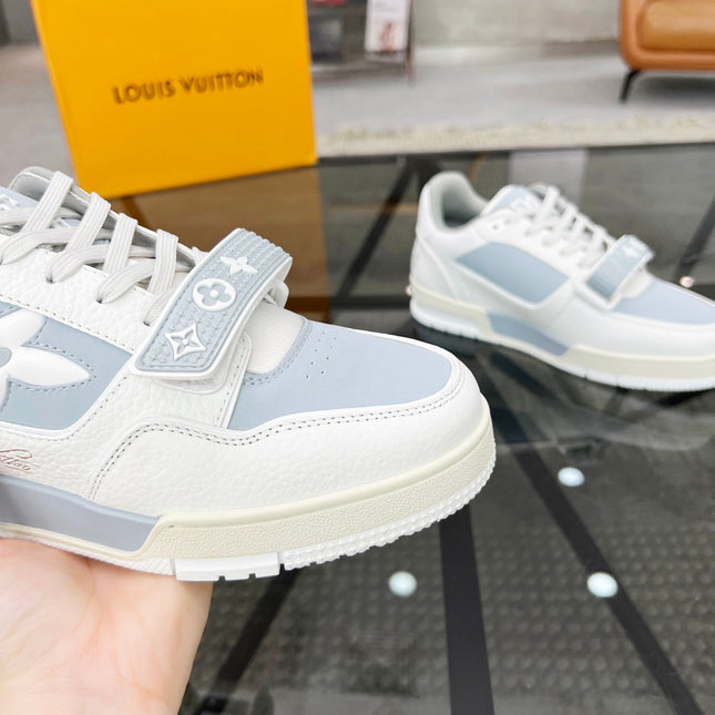 LV TRAINER SNEAKER WHITE CALFSKIN MIX LIGHT BLUE SUEDE