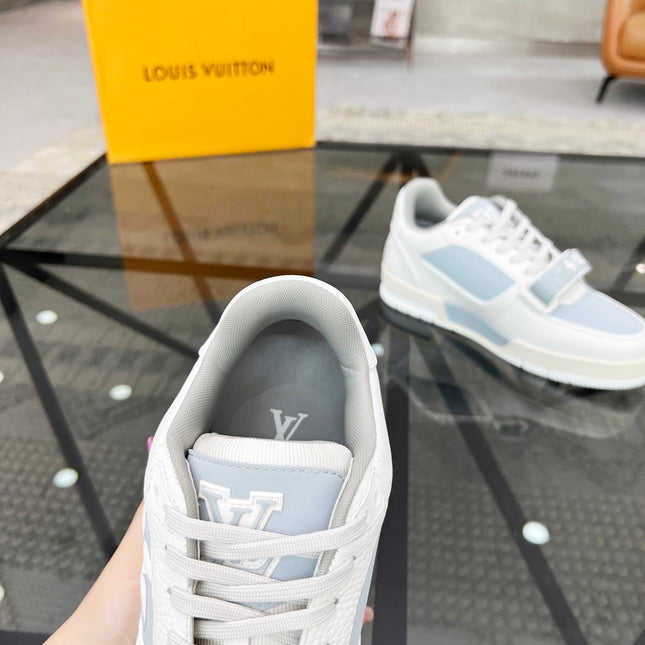 LV TRAINER SNEAKER WHITE CALFSKIN MIX LIGHT BLUE SUEDE