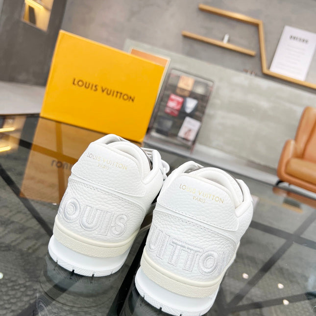 LV TRAINER SNEAKER WHITE CALFSKIN MIX CAMEL BEIGE SUEDE