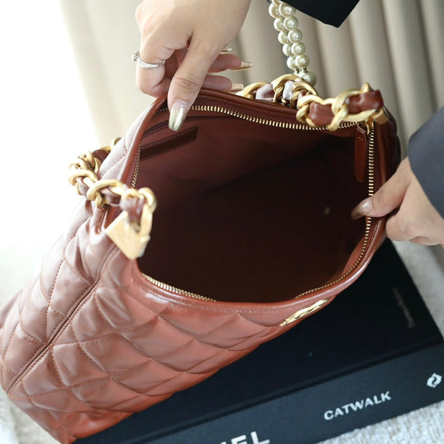 CHANEL 25S HOBO BAG 32 CM IN BROWN LAMBSKIN WITH GOLD HARDWARE
