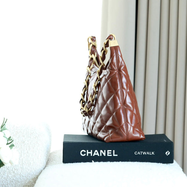CHANEL 25S HOBO BAG 32 CM IN BROWN LAMBSKIN WITH GOLD HARDWARE