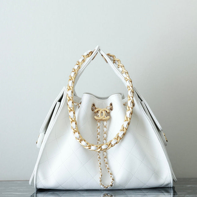 CHANEL 25S HOBO BAG 30 CM IN WHITE LAMBSKIN WITH GOLD HARDWARE