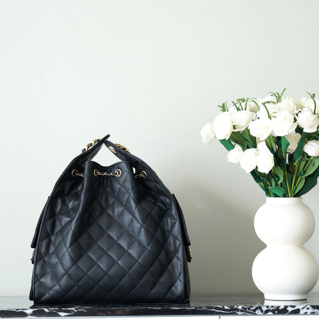CHANEL 25S HOBO BAG 40 CM IN BLACK LAMBSKIN WITH GOLD HARDWARE