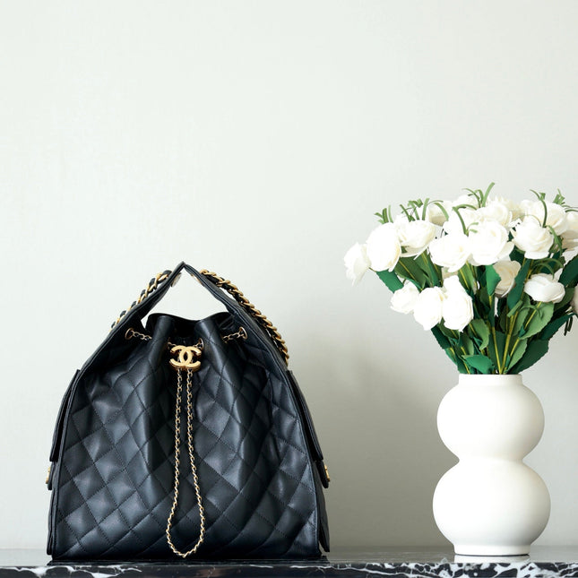 CHANEL 25S HOBO BAG 40 CM IN BLACK LAMBSKIN WITH GOLD HARDWARE