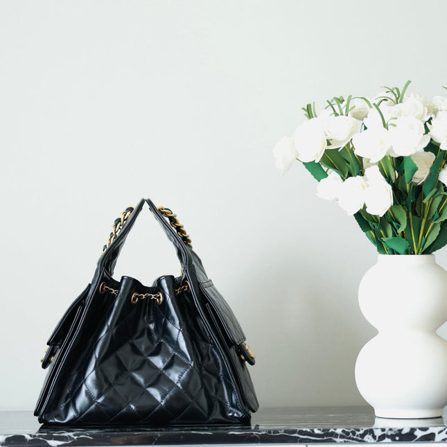 CHANEL 25S HOBO BAG 30 CM IN BLACK LIGHT GLOSSY LEATHER WITH GOLD HARDWARE