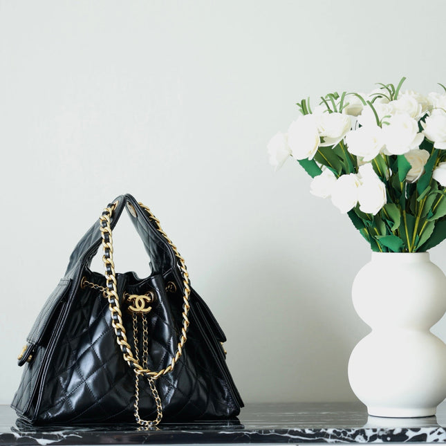 CHANEL 25S HOBO BAG 30 CM IN BLACK LIGHT GLOSSY LEATHER WITH GOLD HARDWARE