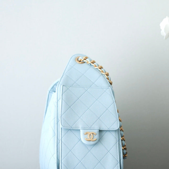 CHANEL 25S HOBO BAG 30 CM IN PASTEL BLUE LAMBSKIN WITH GOLD HARDWARE